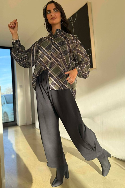 Ainsley Plaid Chiffon Blouse Khaki